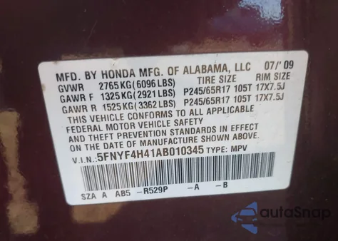 2010 Honda Pilot Ex from USA, damaged, VIN 5FNYF4H41AB010345